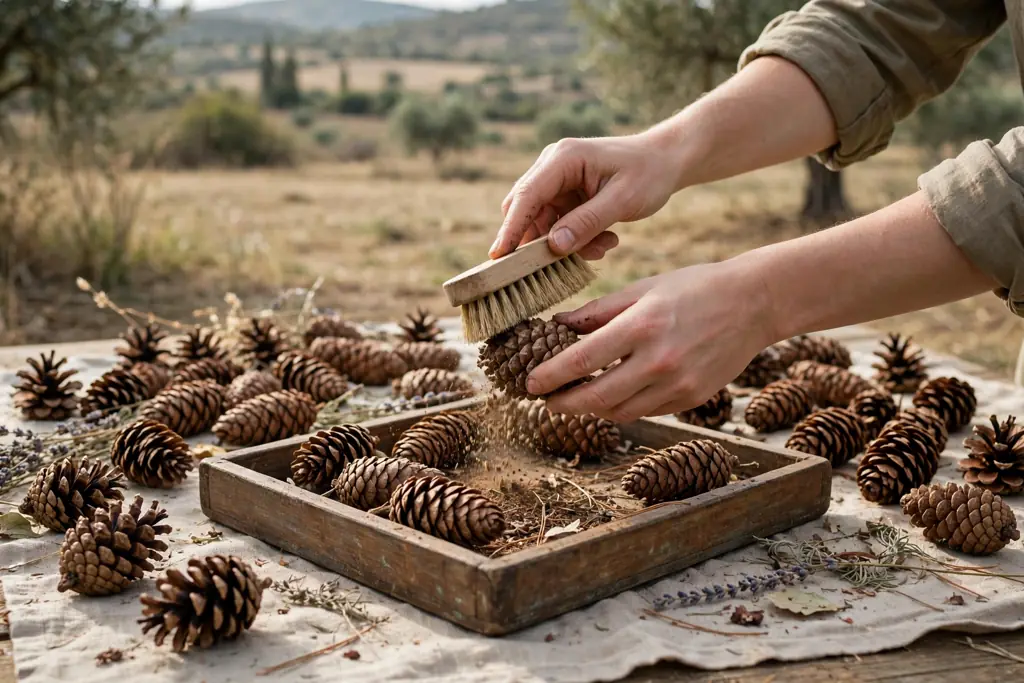 Hands brushing a pinecone clean over a tray with dry pinecones nearby.
