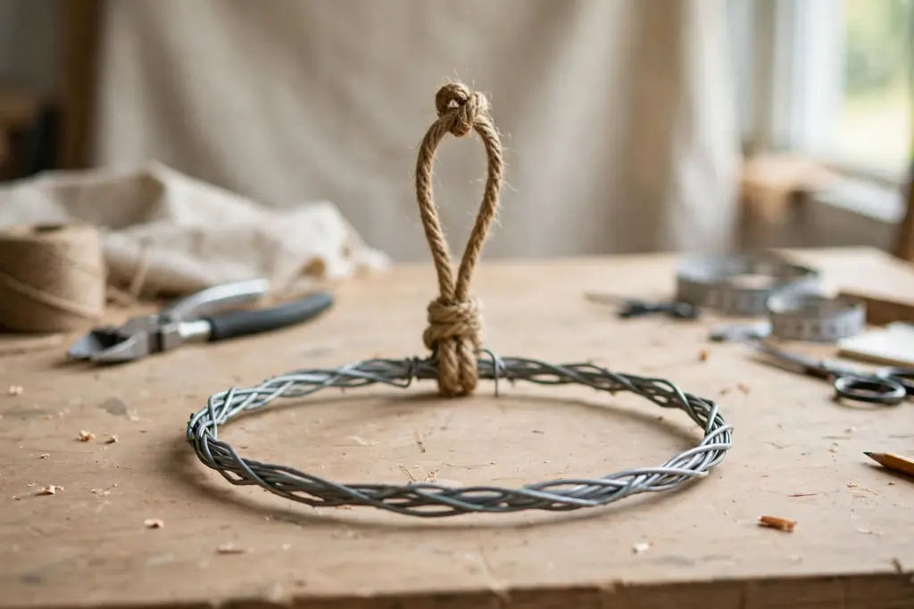 Wire wreath form with a sturdy hanging loop tied at the top on a work table.