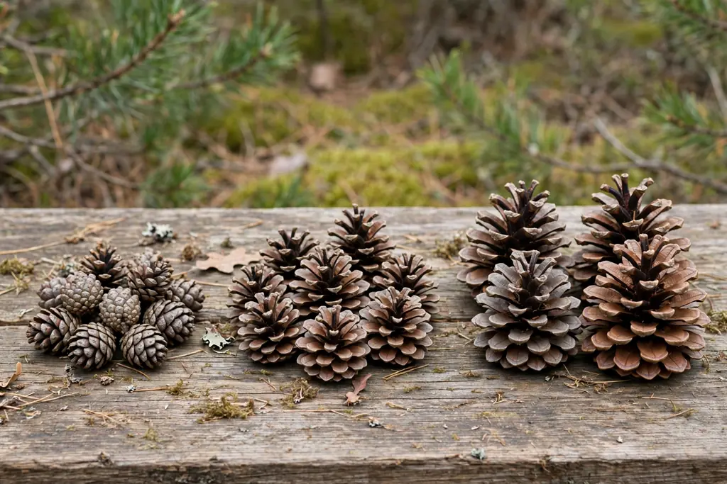 Pinecones sorted into three groups by size on a table.