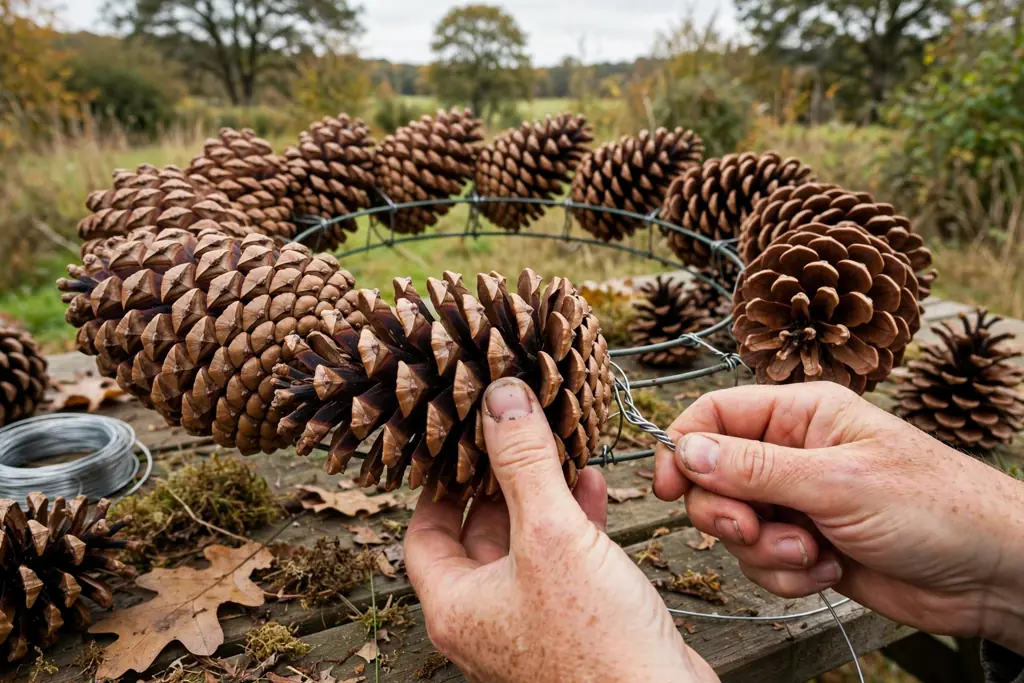 Hands wiring large pinecones around the outer edge of a wreath form.