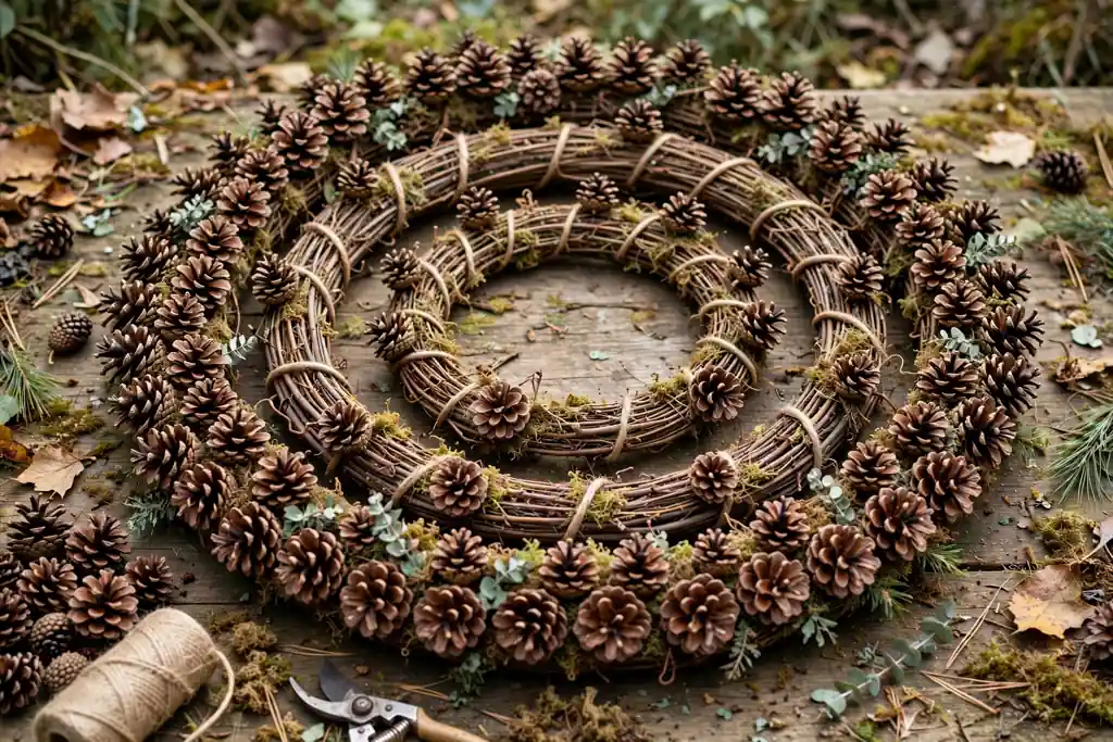 Partly finished pinecone wreath with outer