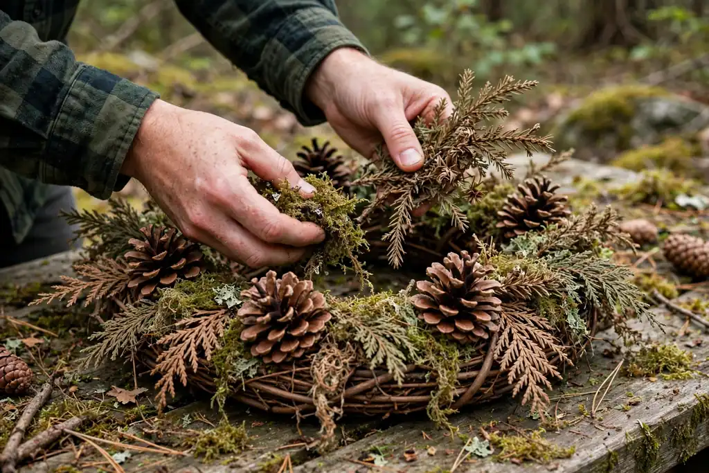 Hands tucking dried evergreen sprigs and moss into gaps between pinecones on a wreath.