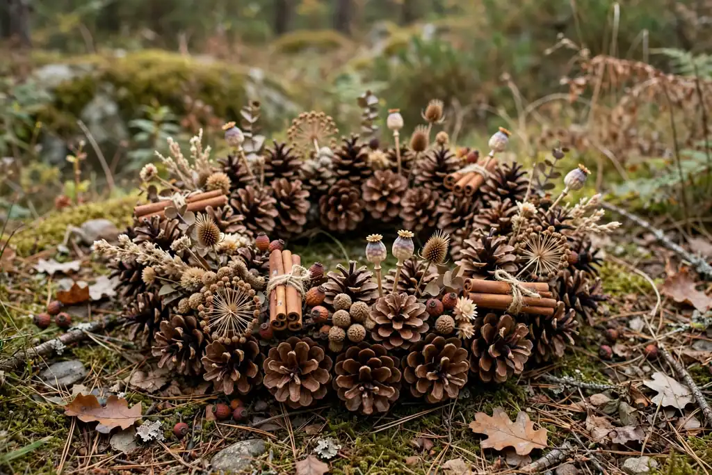 Small dried accents including seed heads and cinnamon sticks placed in groups on a pinecone wreath.