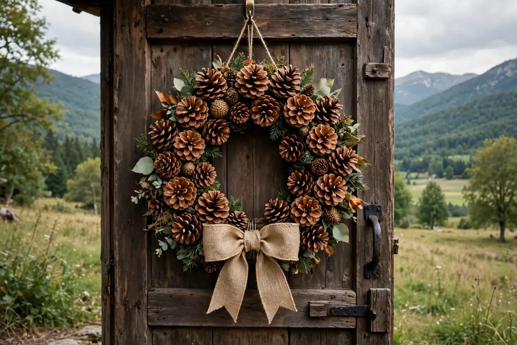 Burlap bow wired to the bottom of a finished pinecone wreath hanging at eye level.