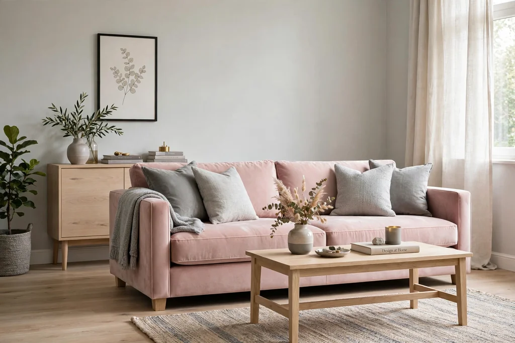 Blush pink velvet sofa with grey cushions against pale grey walls.