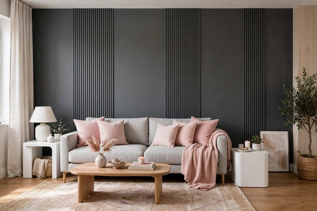 Light grey sofa with blush pink cushions against a charcoal grey feature wall.