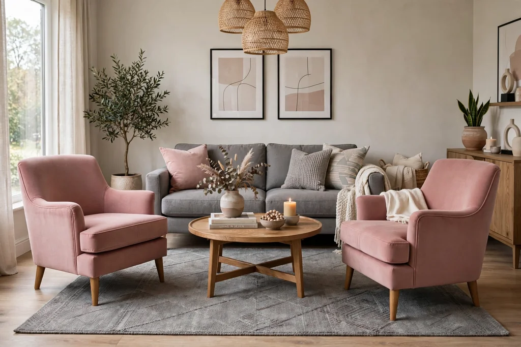 Two dusty pink accent chairs facing a grey sofa with a round coffee table.
