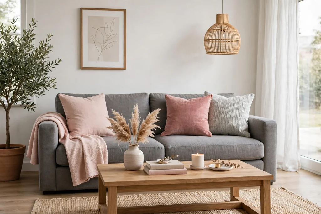 Mid grey sofa dressed with blush pink, rose, and pale grey cushions.