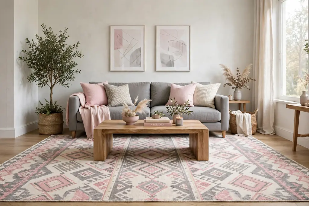 Large patterned rug in pink, grey, and cream under a grey sofa.