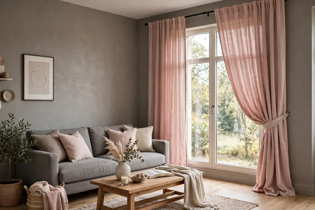 Long blush pink linen curtains beside a window with warm grey walls.