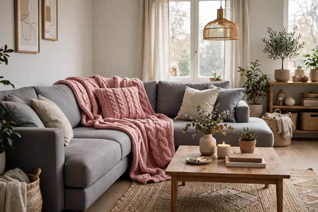 Large grey sectional sofa with a chunky pink knitted throw.