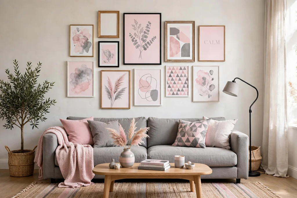 Gallery wall of pink and grey art prints above a grey sofa.