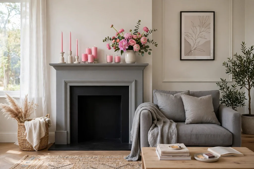 Grey fireplace surround with pink candles and pink flowers on the mantel.