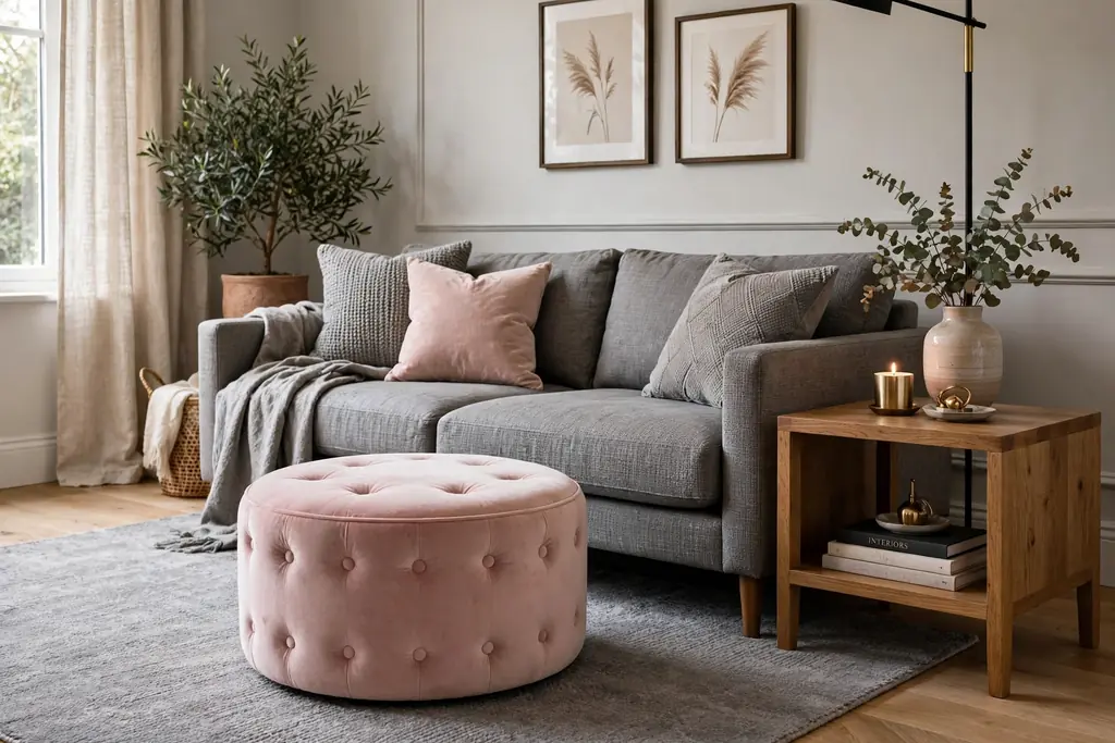 Round blush pink velvet ottoman in front of a grey sofa.