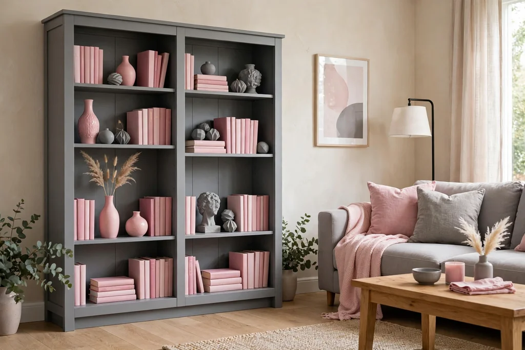 Grey bookcase styled with pink books, pink vases, and grey ornaments.