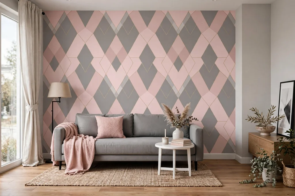 Accent wall in pink and grey geometric wallpaper with a plain grey sofa.