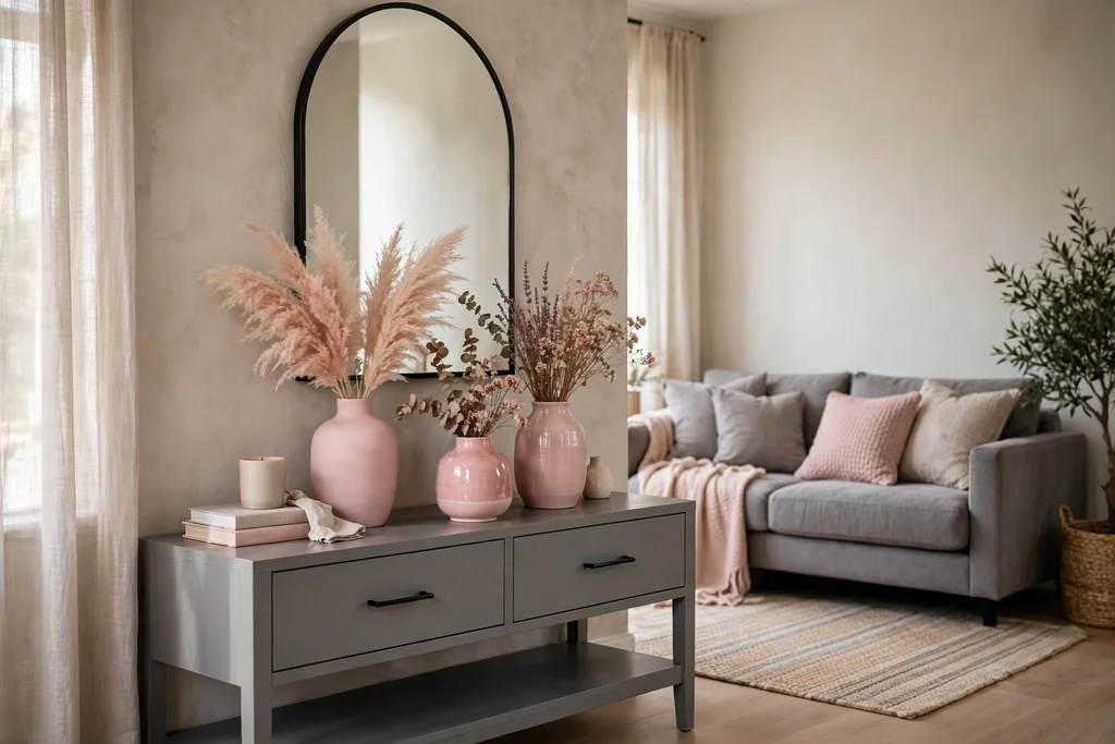 Grey console table holding pink ceramic vases with dried flowers.