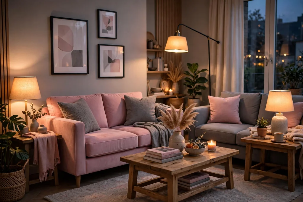 Pink and grey living room lit by warm table lamps and a floor lamp in the evening.