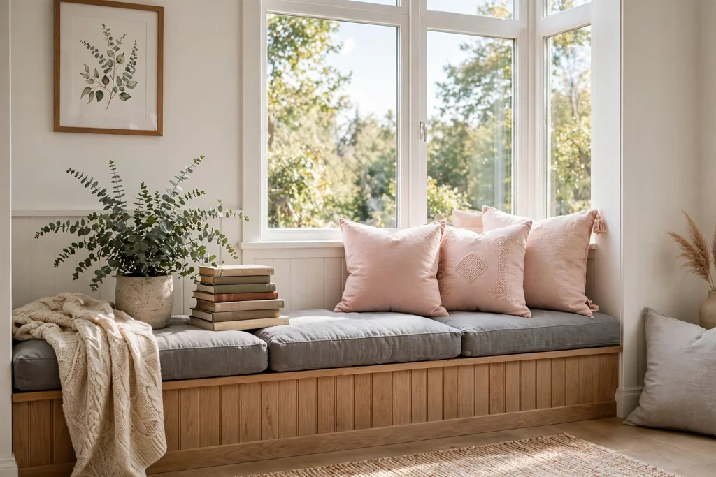 Grey window seat with blush pink throw pillows by a bright window.