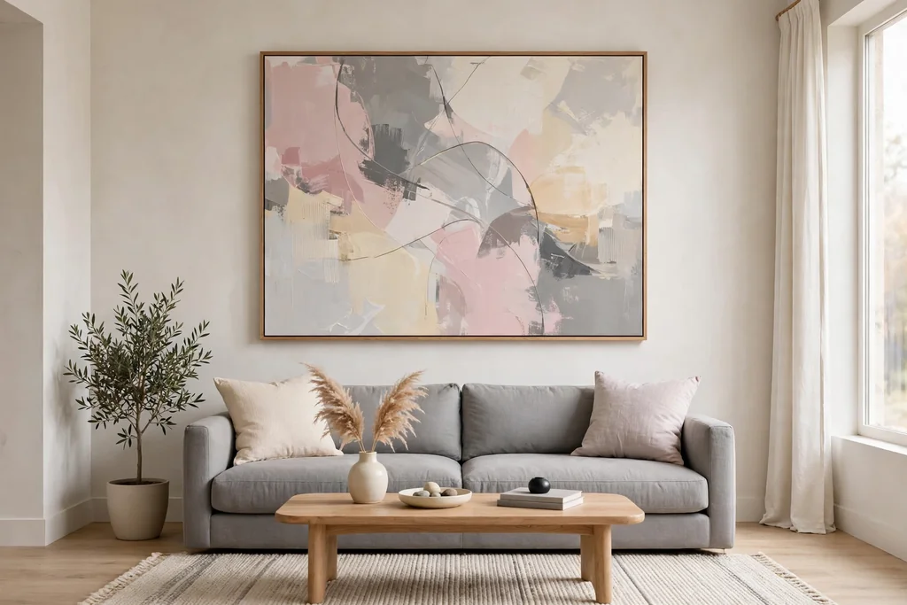 Large abstract painting in pink, grey, and cream above a grey sofa.