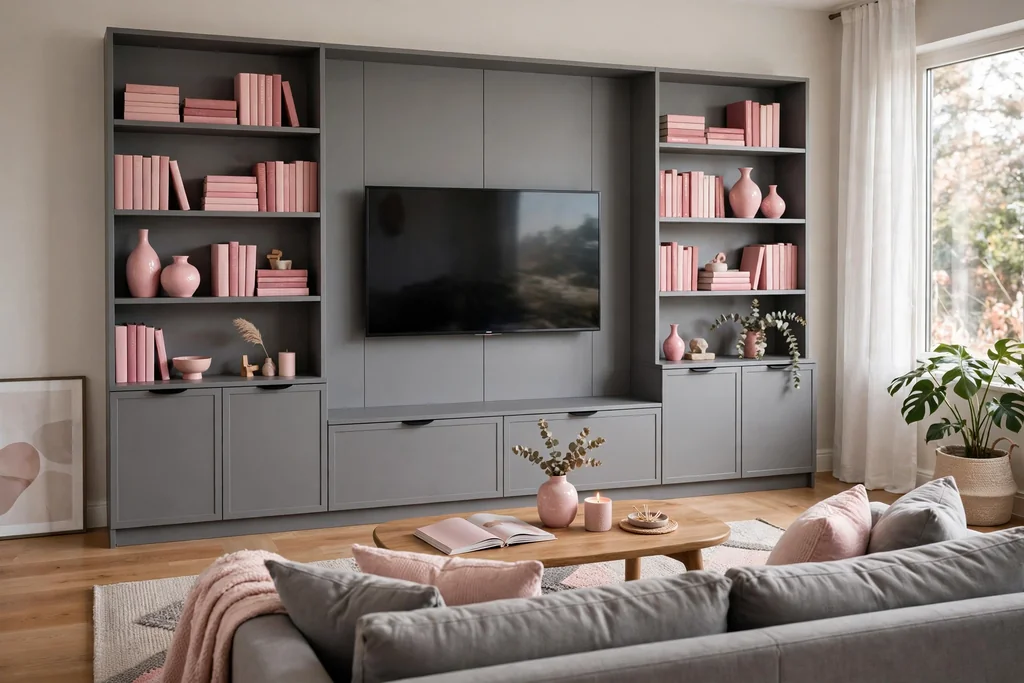Grey media wall unit with a television and shelves holding pink books and vases.