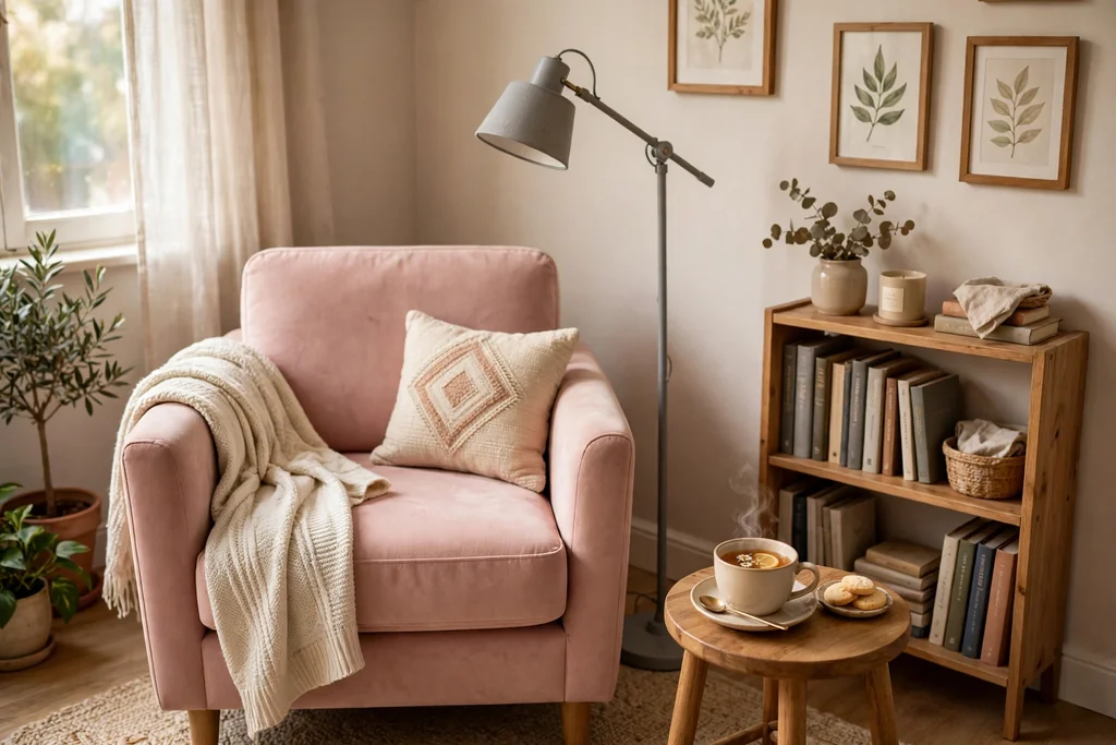 Blush pink armchair with a grey floor lamp in a cozy reading corner.