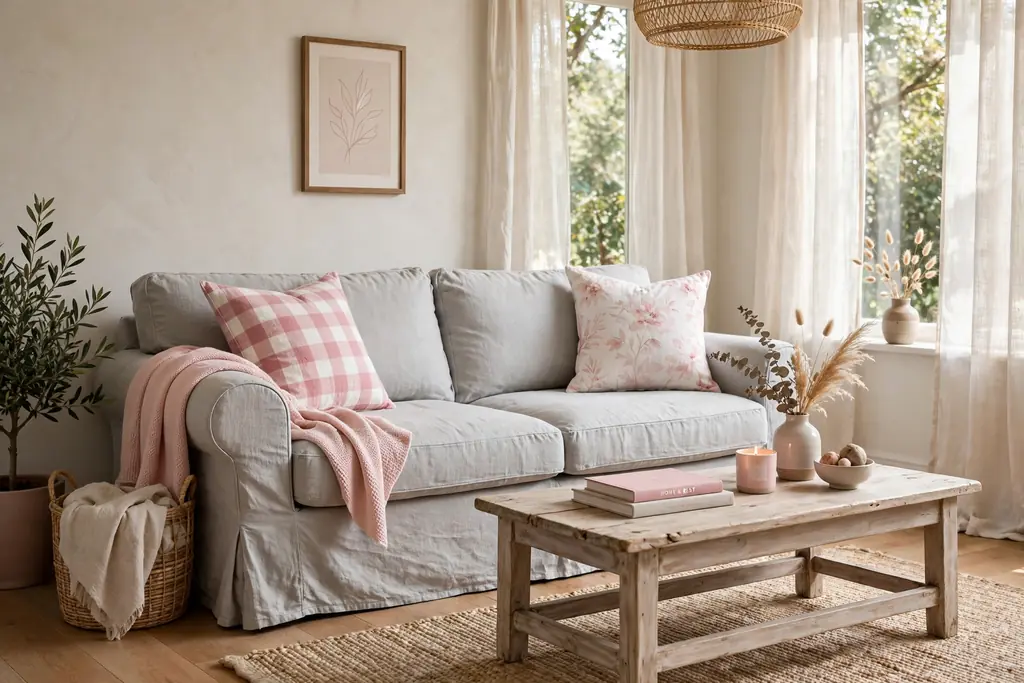 Light grey linen slipcovered sofa with pink and white throw pillows.