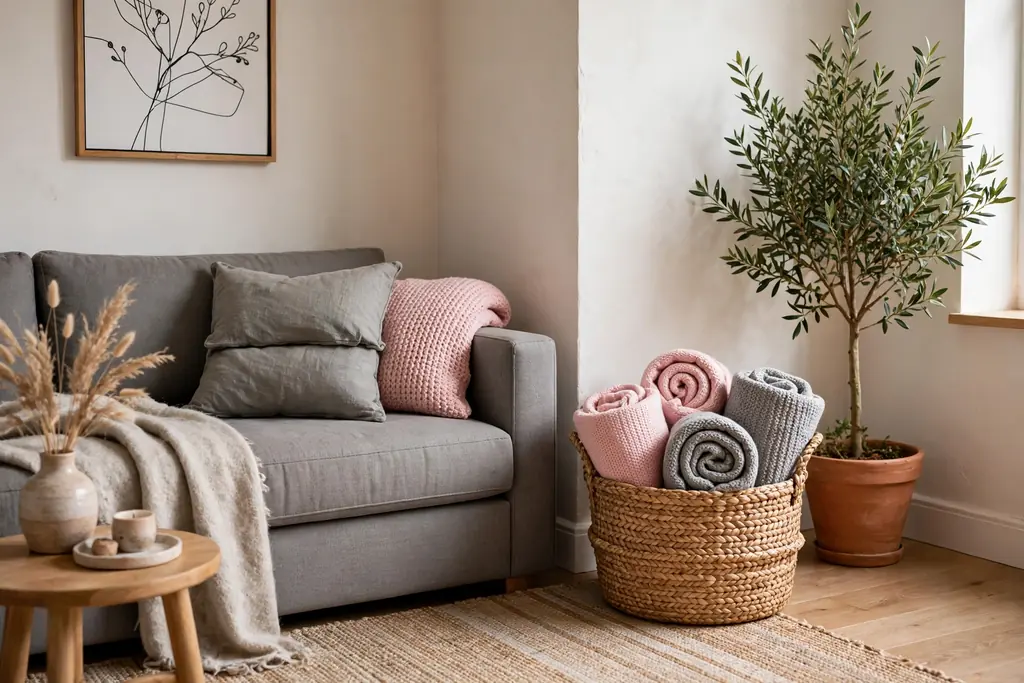 Woven basket holding rolled pink and grey throw blankets beside a grey sofa.