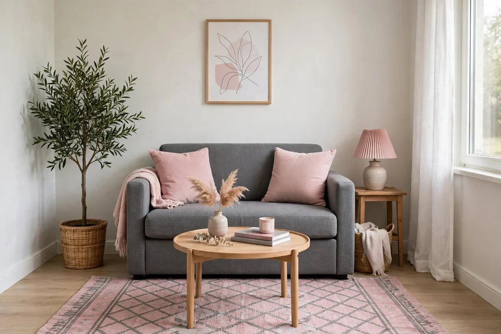Small living room with a compact grey loveseat, pink cushions, and a small round table.