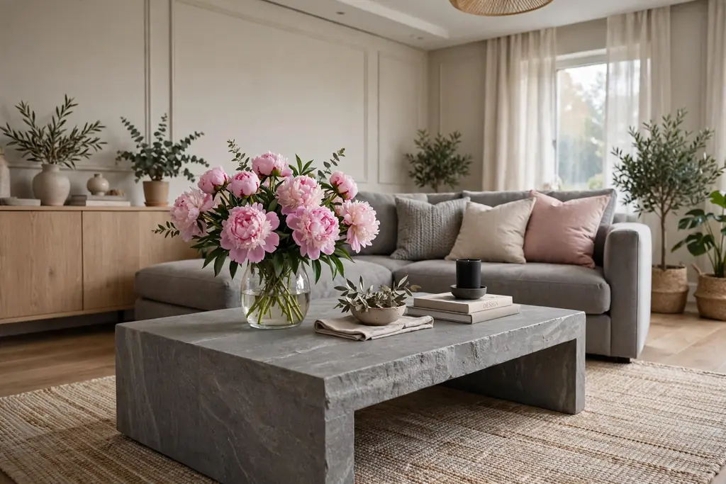 Grey stone topped coffee table with a vase of fresh pink peonies.