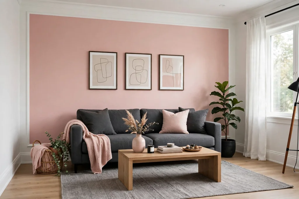 Blush pink painted accent wall with a charcoal grey sofa and grey rug.