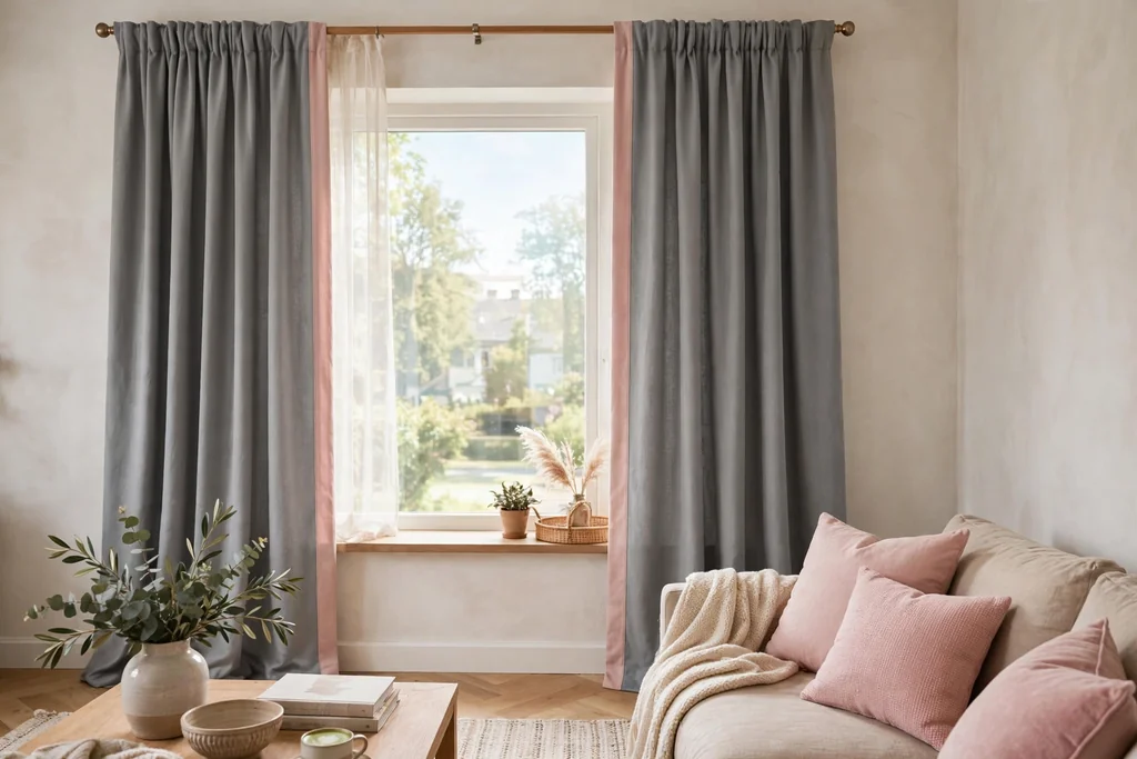 Long grey curtains with a blush pink trim edge at a living room window.