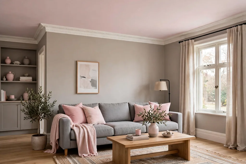 Living room with a very pale pink ceiling, warm grey walls, and a grey sofa.