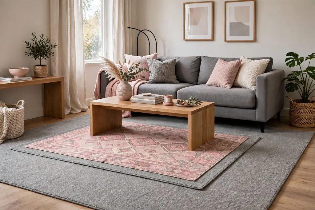 Small pink patterned rug layered over a large plain grey rug under a grey sofa.