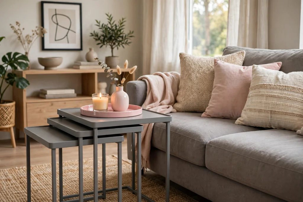 Grey nesting side tables with a pink tray holding a candle and small vase.