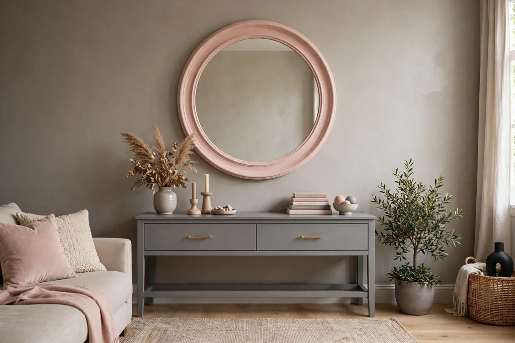 Large round mirror in a blush pink frame on a warm grey wall above a console.