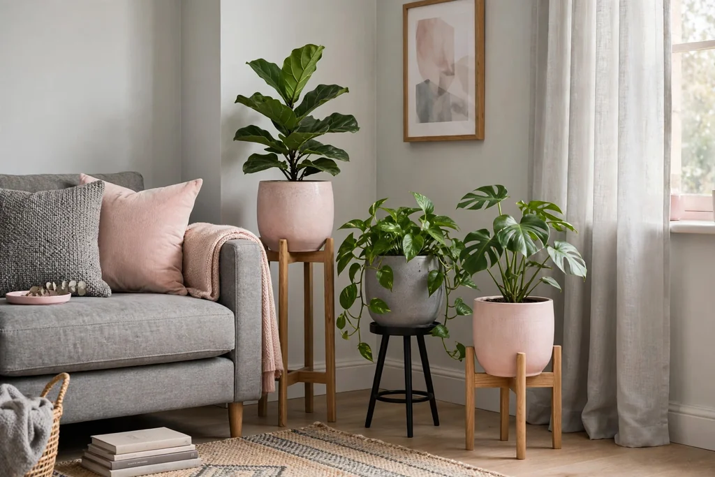 Houseplants in blush pink and grey ceramic pots beside a grey sofa.