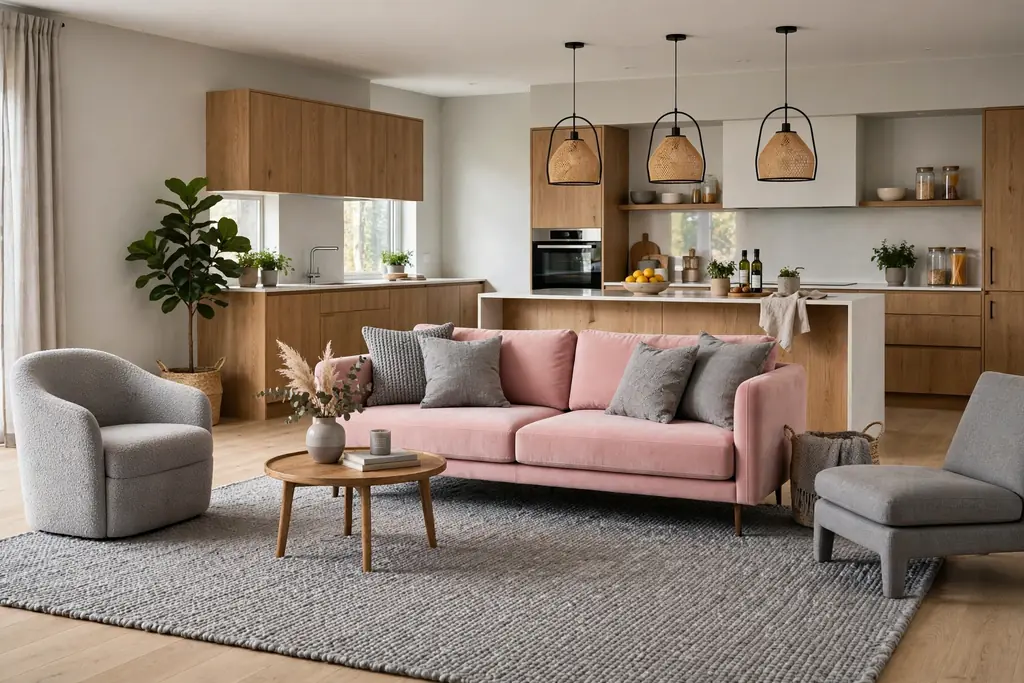 Open plan living room with a pink and grey seating zone marked by a large grey rug.