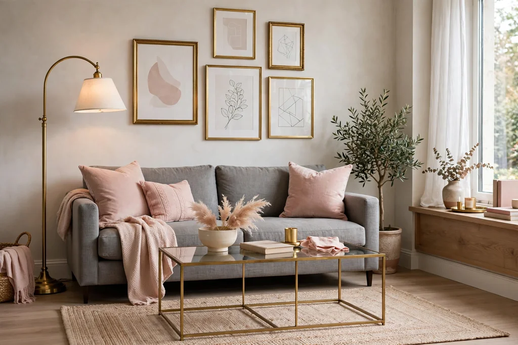 Grey sofa with blush pink cushions, a brass floor lamp, and brass picture frames.