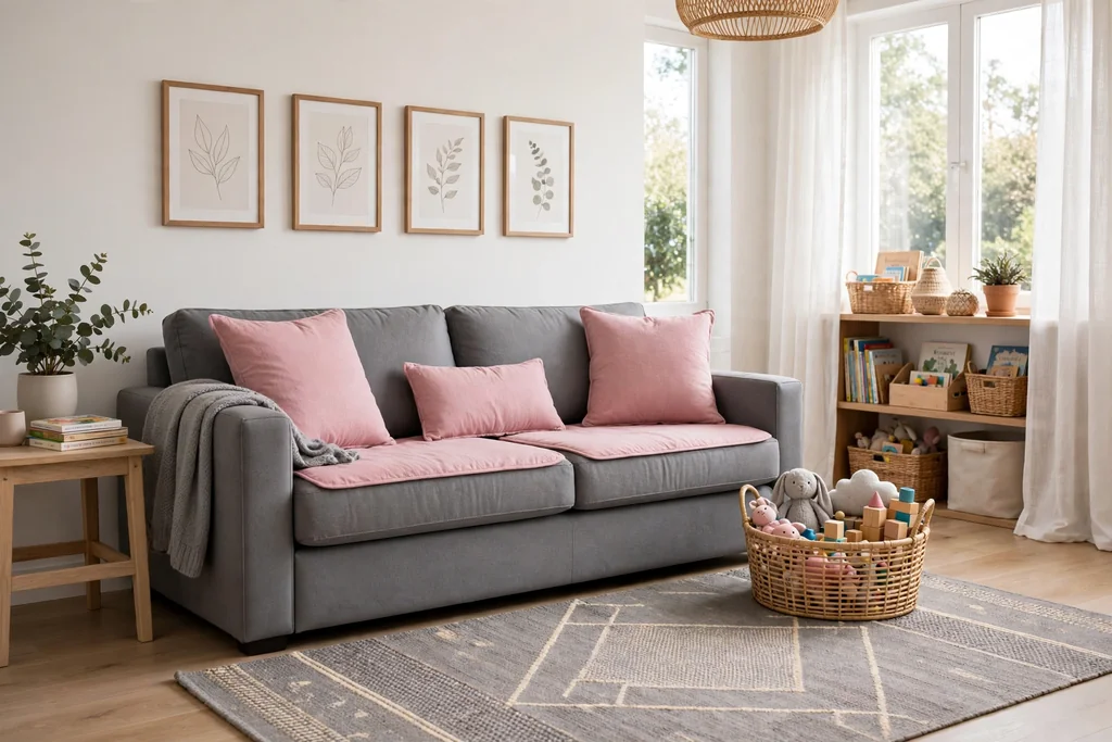 Family friendly living room with a washable grey sofa and pink washable cushion covers.
