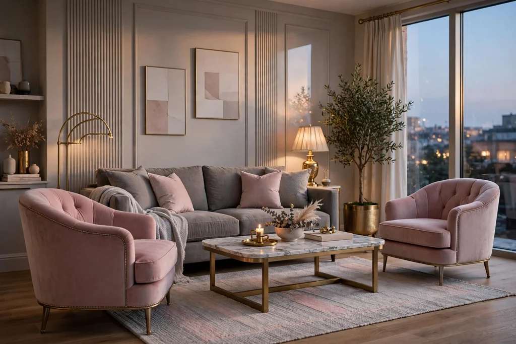 Elegant living room with a marble coffee table, blush pink velvet armchairs, and a grey sofa.