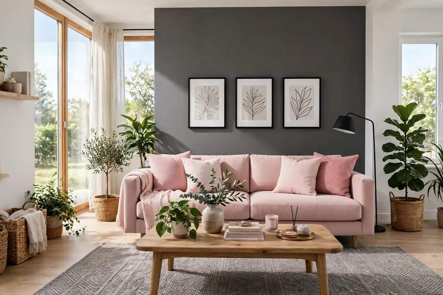Wide bright living room with a blush pink sofa, charcoal grey accent wall, grey rug, and wood coffee table.