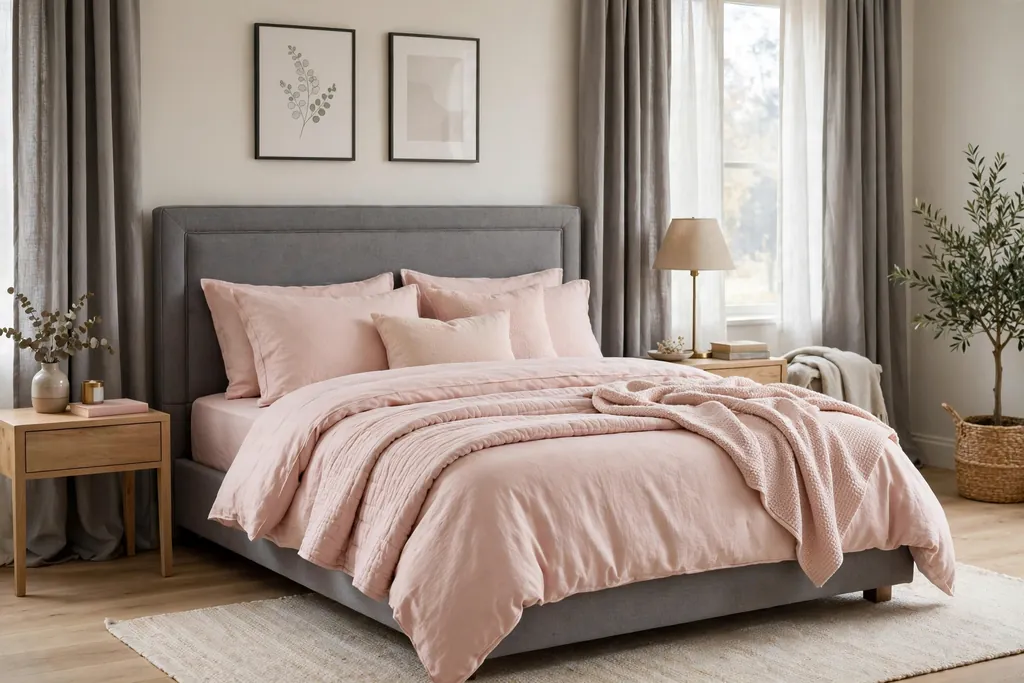Bedroom with grey upholstered bed and blush pink bedding layers.