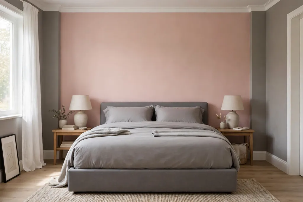 Bedroom with a blush pink accent wall behind a grey bed.