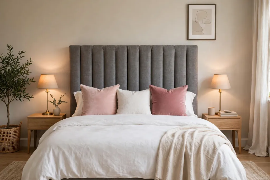 Bedroom with a grey upholstered headboard and pink velvet cushions.