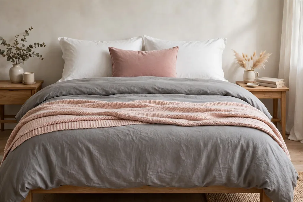 Bed with a grey duvet, blush pink throw, and dusty rose cushion.