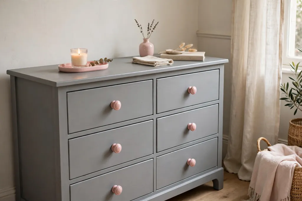 Grey dresser with pink ceramic knobs and a pink tray on top.