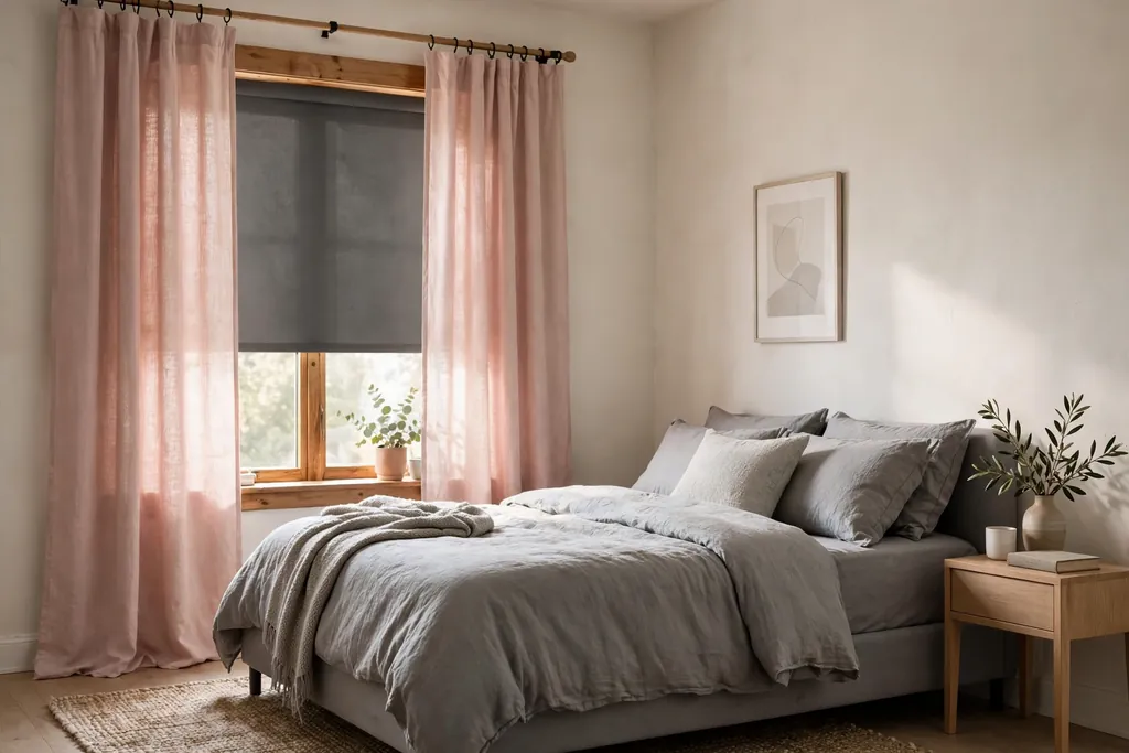Bedroom window with blush pink curtains over a grey blackout layer.