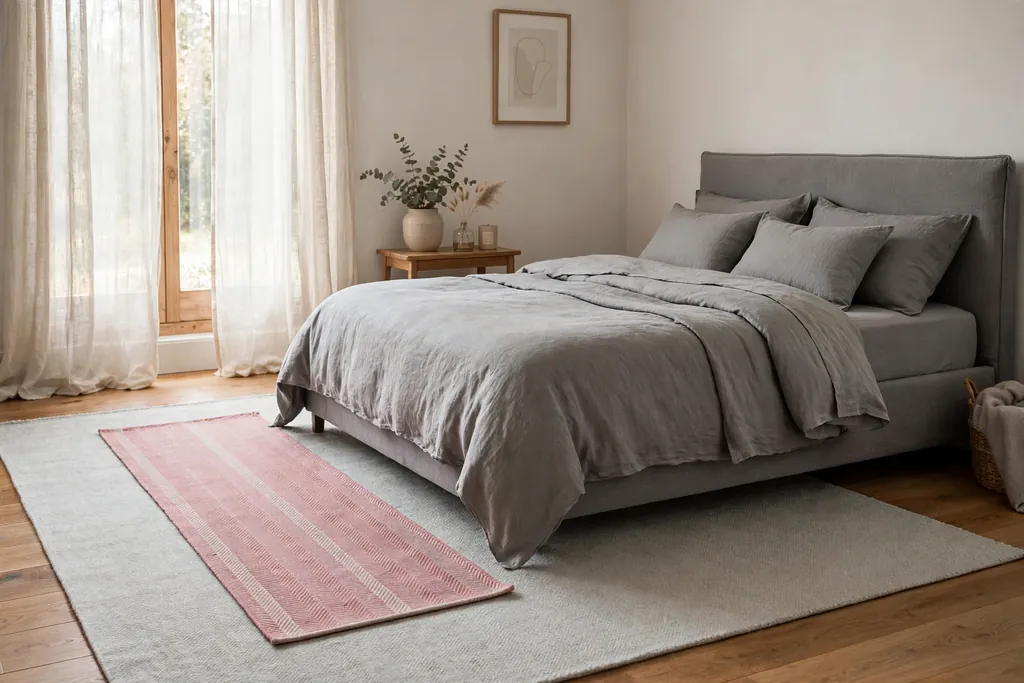 Bedroom with a pink runner rug beside a grey bed over a pale grey rug.