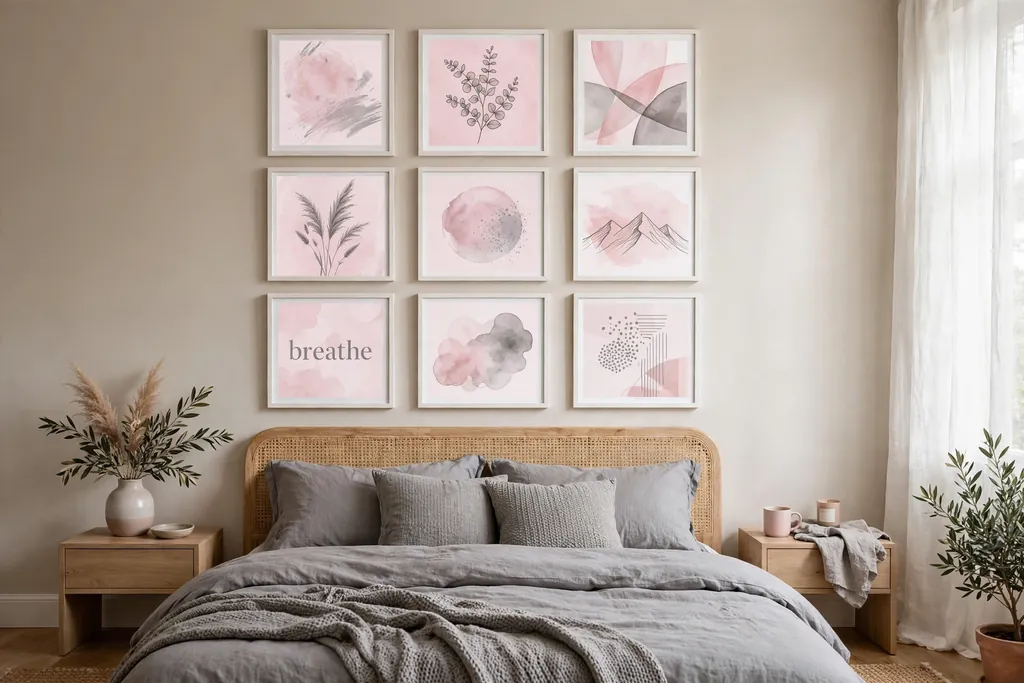 Bedroom gallery wall of pink and grey prints above a bed.
